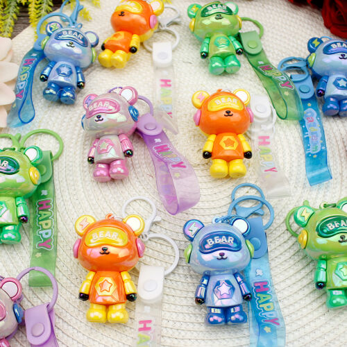 Parlak Bear Silikon Bileklikli Anahtarlık 12'li Paket - Kare Dekor (1)