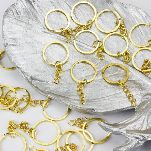 Paslanmaz Gold Zincirli Yassı Anahtarlık Halkası 50'li Paket - Kare Dekor