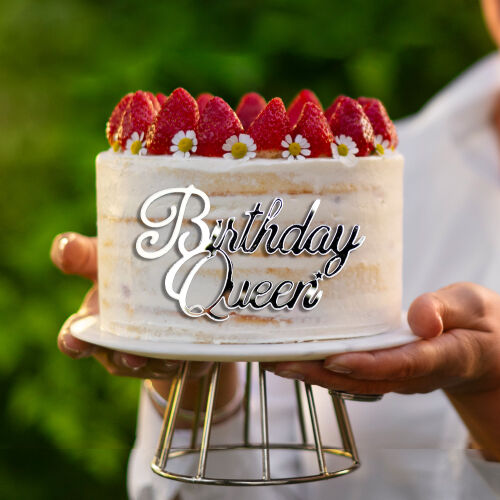 Pasta Önü Pleksi Birthday Queen Yazı Gümüş - Kare Dekor