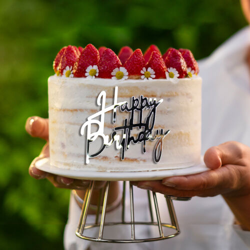 Pasta Önü Pleksi Happy Birthday Yazı Gümüş - Kare Dekor