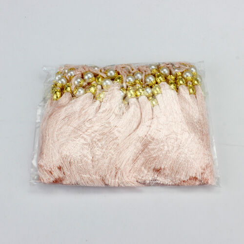 Açık Pembe Gold Kapaklı İncili Püskül 12 CM - Kare Dekor (1)