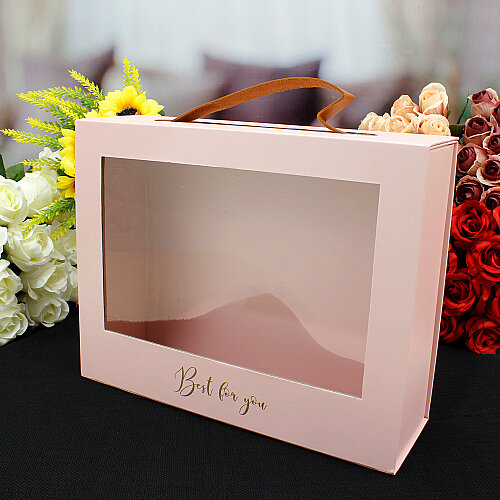 Pencereli Saplı Çiçek Taşıma Kutusu 30x24x9,5 cm Pembe - Toptanalim