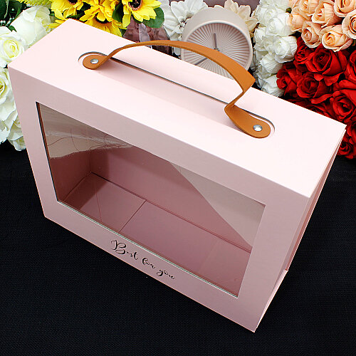 Pencereli Saplı Çiçek Taşıma Kutusu 30x24x9,5 cm Pembe - Toptanalim (1)
