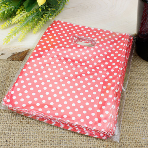 Puantiyeli Hediyelik El Geçme Poşeti Kırmızı 17x25CM 50'li Paket - Kare Dekor (1)