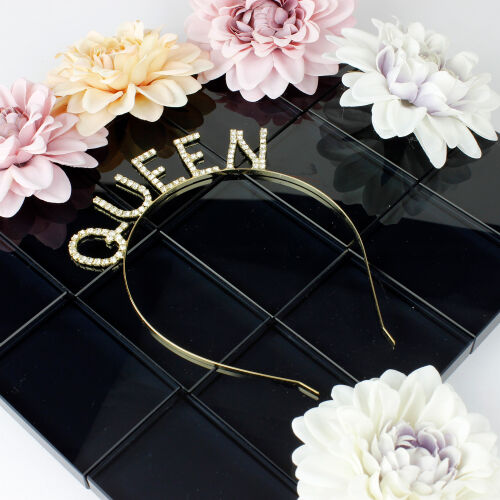 Queen Taşlı Gold Renk Metal Taç - Kare Dekor
