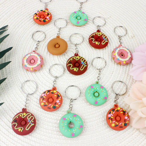 Renkli Silikon Donat Anahtarlık 12'li Paket - Kare Dekor (1)
