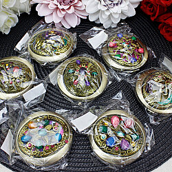 Taşlı Otantik Desenli Eskitme Gold Metal Yuvarlak Cep ve Çanta Makyaj Aynası - 4