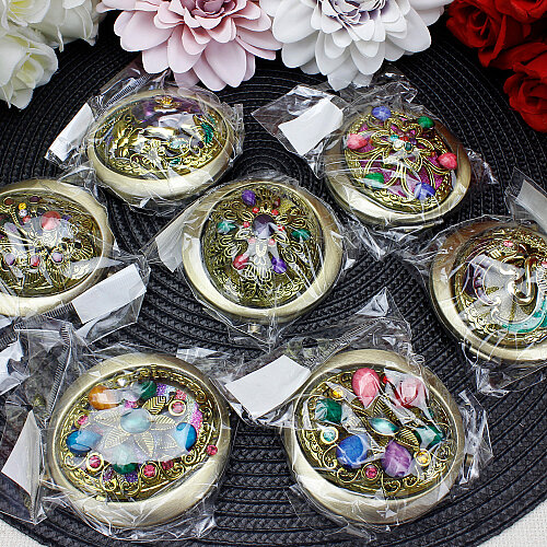 Taşlı Otantik Desenli Eskitme Gold Metal Yuvarlak Cep ve Çanta Makyaj Aynası - 4