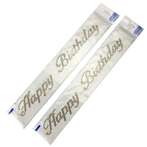 Taşlı Şekilli Gold Yazı Happy Birthday Beyaz Renk Kuşak - Kare Dekor (1)