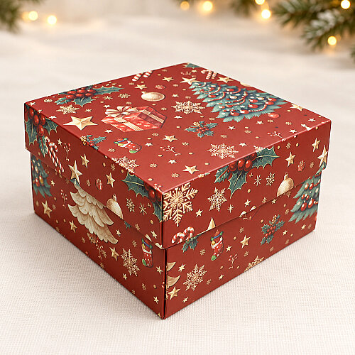 Yılbaşı Desenli Kapaklı Kutu 15x15x10 cm - Toptanalim