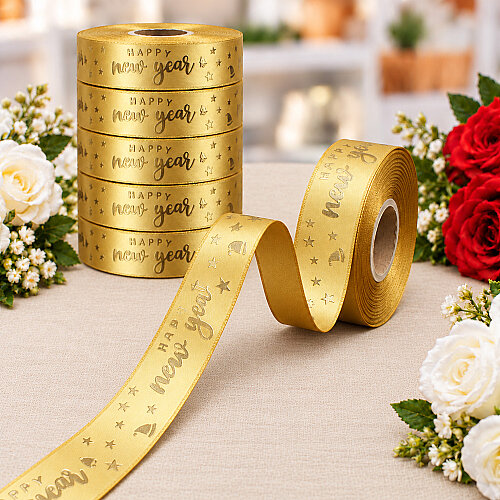 Yılbaşı Happy New Year Yazılı Varak Gold Baskılı Kurdele 2,5 cm 20 Metre - Toptanalim