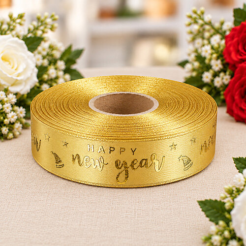 Yılbaşı Happy New Year Yazılı Varak Gold Baskılı Kurdele 2,5 cm 20 Metre - Toptanalim (1)
