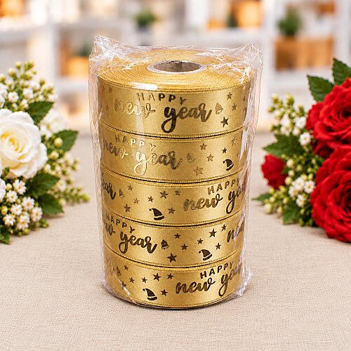 Yılbaşı Happy New Year Yazılı Varak Gold Baskılı Kurdele 2,5 cm 20 Metre - 3