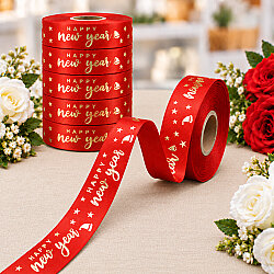 Yılbaşı Happy New Year Yazılı Varak Gold Baskılı Kurdele Kırmızı 2,5 cm 20 Metre - 1