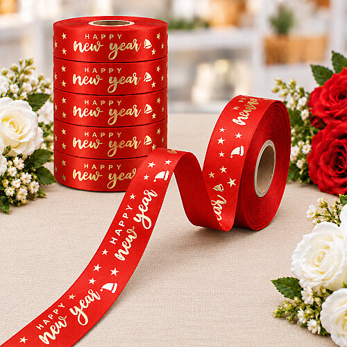 Yılbaşı Happy New Year Yazılı Varak Gold Baskılı Kurdele Kırmızı 2,5 cm 20 Metre - Toptanalim