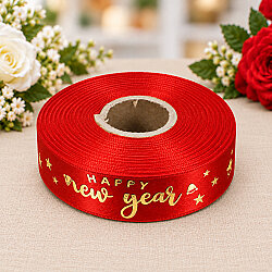 Yılbaşı Happy New Year Yazılı Varak Gold Baskılı Kurdele Kırmızı 2,5 cm 20 Metre - 2
