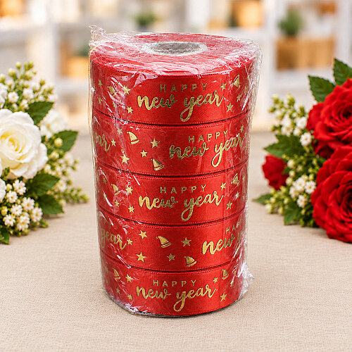 Yılbaşı Happy New Year Yazılı Varak Gold Baskılı Kurdele Kırmızı 2,5 cm 20 Metre - 3