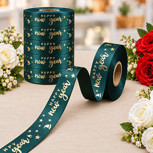  Yılbaşı Happy New Year Yazılı Varak Gold Baskılı Kurdele Yeşil 2,5 cm 20 Metre - Toptanalim