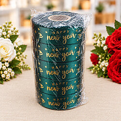  Yılbaşı Happy New Year Yazılı Varak Gold Baskılı Kurdele Yeşil 2,5 cm 20 Metre - 3