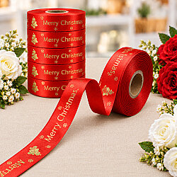 Yılbaşı Merry Christmas Yazılı Varak Gold Baskılı Kurdele Kırmızı 2,5 cm 20 Metre - 1