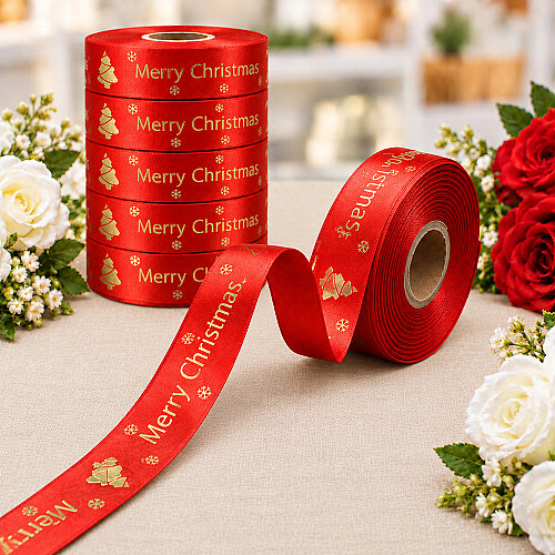 Yılbaşı Merry Christmas Yazılı Varak Gold Baskılı Kurdele Kırmızı 2,5 cm 20 Metre - Toptanalim