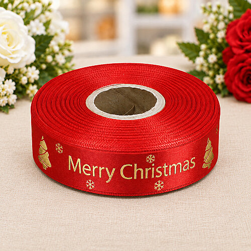 Yılbaşı Merry Christmas Yazılı Varak Gold Baskılı Kurdele Kırmızı 2,5 cm 20 Metre - Toptanalim (1)
