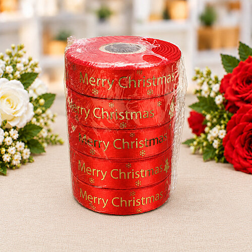 Yılbaşı Merry Christmas Yazılı Varak Gold Baskılı Kurdele Kırmızı 2,5 cm 20 Metre - 3