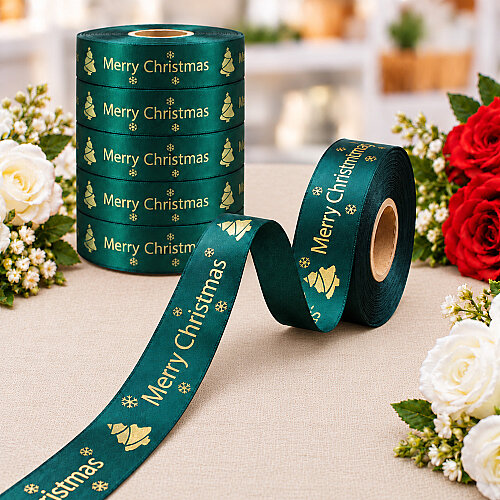 Yılbaşı Merry Christmas Yazılı Varak Gold Baskılı Kurdele Yeşil 2,5 cm 20 Metre - Toptanalim