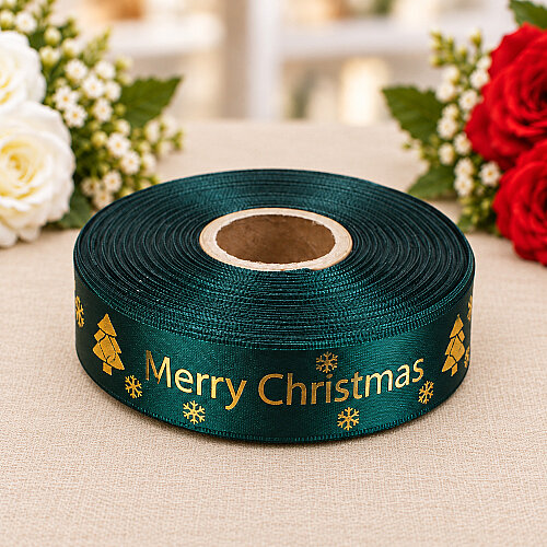 Yılbaşı Merry Christmas Yazılı Varak Gold Baskılı Kurdele Yeşil 2,5 cm 20 Metre - Toptanalim (1)