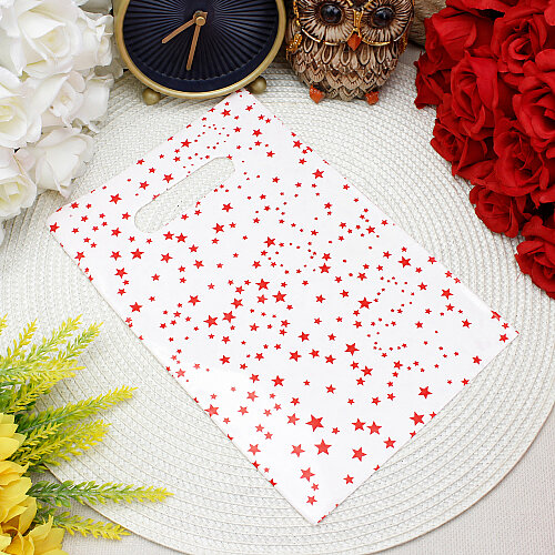  Yıldız Desenli Hediyelik El Geçme Poşeti Beyaz Kırmızı 17x25 cm 50’li Paket - Toptanalim